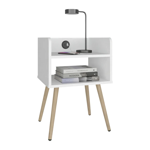 Alt view image 2 of 7 - Nightstand with USB Port, Open Shelf Storage and Bedside Table, White, Particle Board
