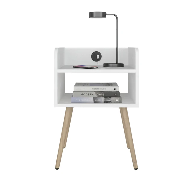 Alt view image 4 of 7 - Nightstand with USB Port, Open Shelf Storage and Bedside Table, White, Particle Board