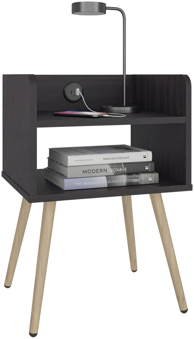 Alt view image 2 of 7 - Nightstand with USB Port, Open Shelf Storage and Bedside Table, Wenge, Particle Board