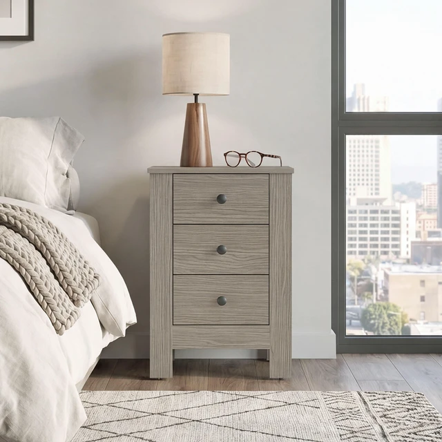 Main image of Nightstand with Three Drawers, Storage Side Table Cabinet, Gray Wash, Particle Board