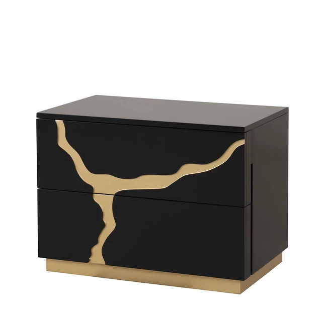 Alt view image 2 of 7 - 1 pc Nightstand Gold Paint Pattern French and English Dovetail Drawers and Gold Finish Furniture, Black Engineered Wood