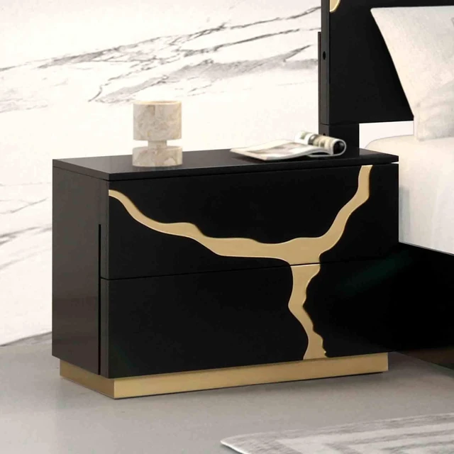 Main image of 1 pc Nightstand Gold Paint Pattern French and English Dovetail Drawers and Gold Finish Furniture, Black Engineered Wood