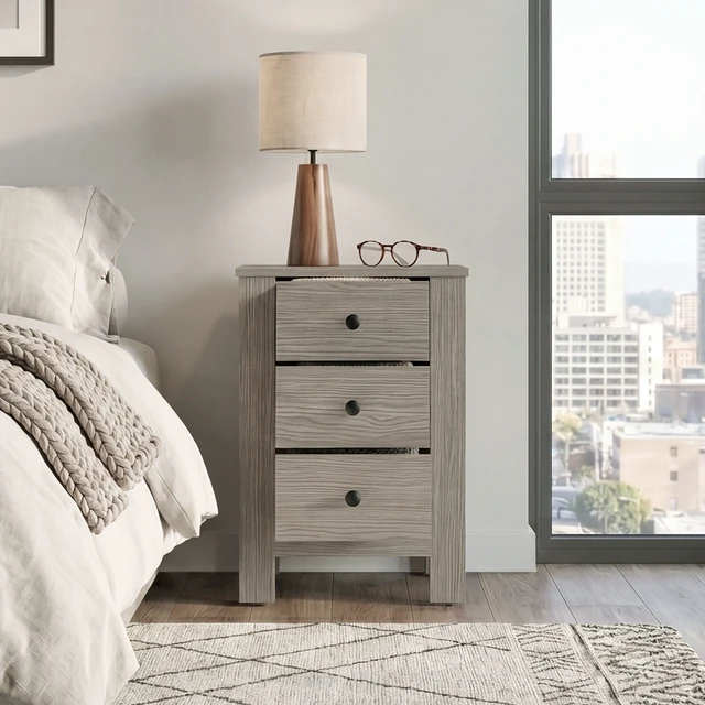 Alt view image 2 of 7 - Nightstand with Three Drawers, Storage Side Table Cabinet, Gray Wash, Particle Board