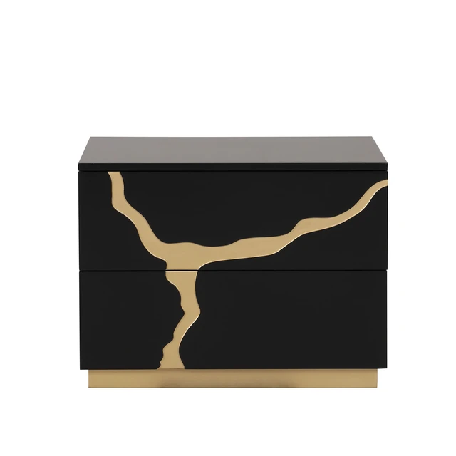 Alt view image 3 of 7 - 1 pc Nightstand Gold Paint Pattern French and English Dovetail Drawers and Gold Finish Furniture, Black Engineered Wood