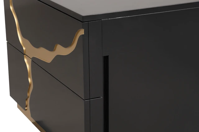 Alt view image 6 of 7 - 1 pc Nightstand Gold Paint Pattern French and English Dovetail Drawers and Gold Finish Furniture, Black Engineered Wood