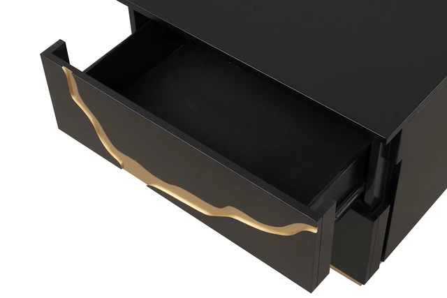 Alt view image 7 of 7 - 1 pc Nightstand Gold Paint Pattern French and English Dovetail Drawers and Gold Finish Furniture, Black Engineered Wood