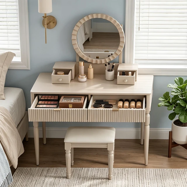 Alt view image 3 of 7 - Vanity Desk with Round Mirror, Height Adjustable Dressing Table Set 4 Drawers and Stool, Champagne, Solid Wood and MDF