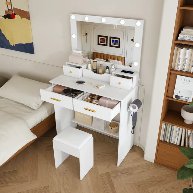Alt view image 3 of 7 - Makeup Vanity Desk with Hollywood Bulbs, Large Mirror Featuring 4 Drawers and Open Storage Box Equipped with Power