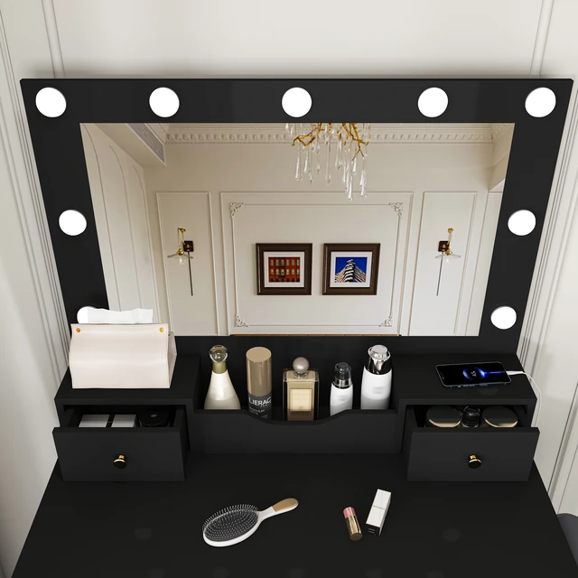 Alt view image 5 of 7 - Makeup Vanity Desk with Hollywood Bulbs, Large Mirror Featuring 4 Drawers and Open Storage Box Equipped with Power