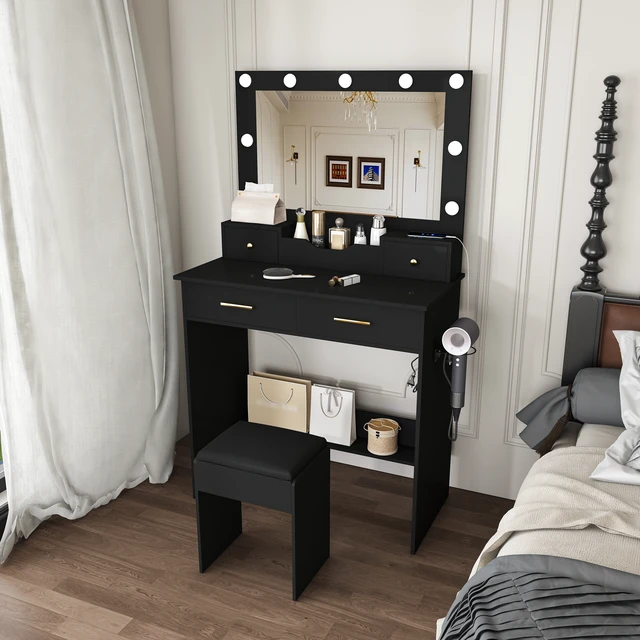 Alt view image 2 of 7 - Makeup Vanity Desk with Hollywood Bulbs, Large Mirror Featuring 4 Drawers and Open Storage Box Equipped with Power