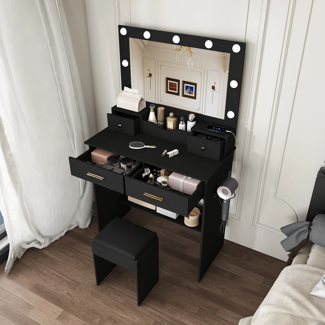 Alt view image 3 of 7 - Makeup Vanity Desk with Hollywood Bulbs, Large Mirror Featuring 4 Drawers and Open Storage Box Equipped with Power