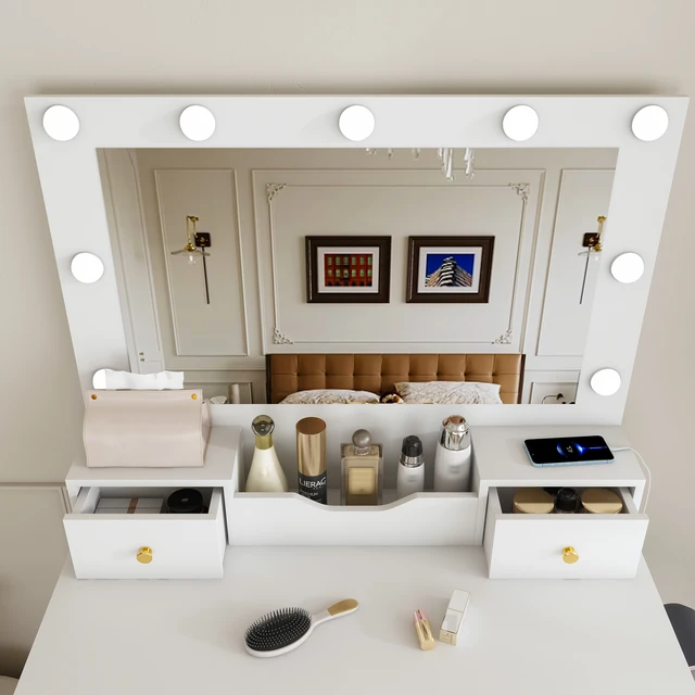 Alt view image 5 of 7 - Makeup Vanity Desk with Hollywood Bulbs, Large Mirror Featuring 4 Drawers and Open Storage Box Equipped with Power