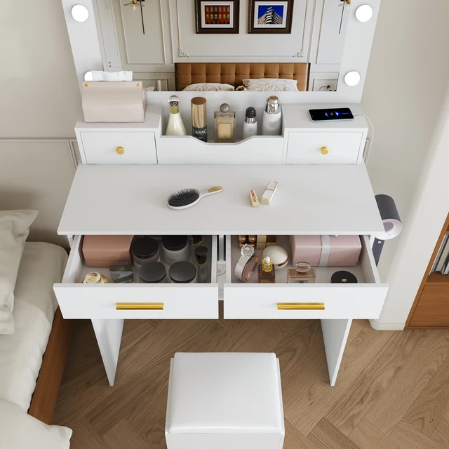 Alt view image 4 of 7 - Makeup Vanity Desk with Hollywood Bulbs, Large Mirror Featuring 4 Drawers and Open Storage Box Equipped with Power