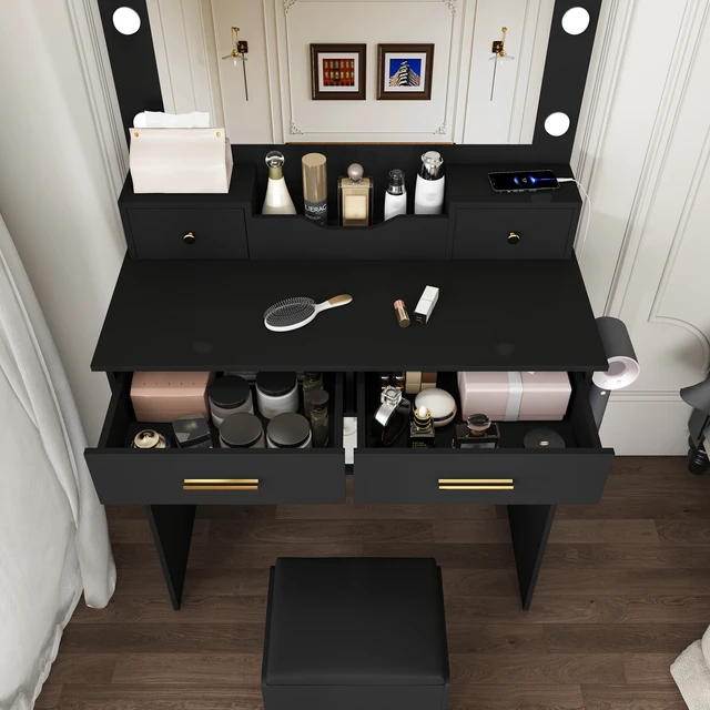 Alt view image 4 of 7 - Makeup Vanity Desk with Hollywood Bulbs, Large Mirror Featuring 4 Drawers and Open Storage Box Equipped with Power