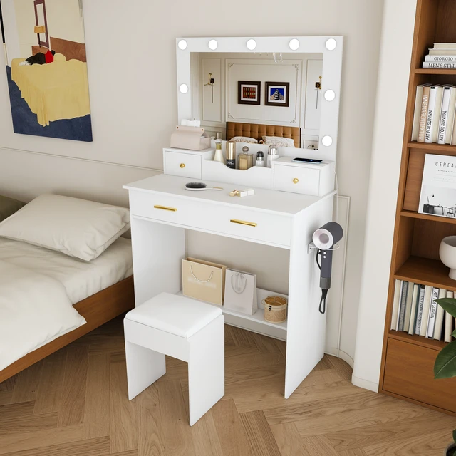 Alt view image 2 of 7 - Makeup Vanity Desk with Hollywood Bulbs, Large Mirror Featuring 4 Drawers and Open Storage Box Equipped with Power