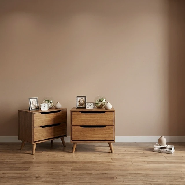 Alt view image 2 of 5 - 1 pc Nightstand Mid-Century Recessed Drawers Handle Bedside Table, Oak Finish, Oak, Solid Wood and Wood