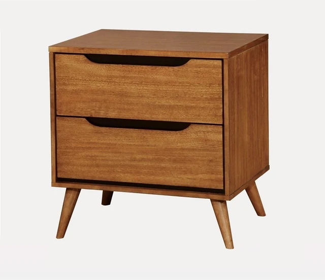 Alt view image 3 of 5 - 1 pc Nightstand Mid-Century Recessed Drawers Handle Bedside Table, Oak Finish, Oak, Solid Wood and Wood