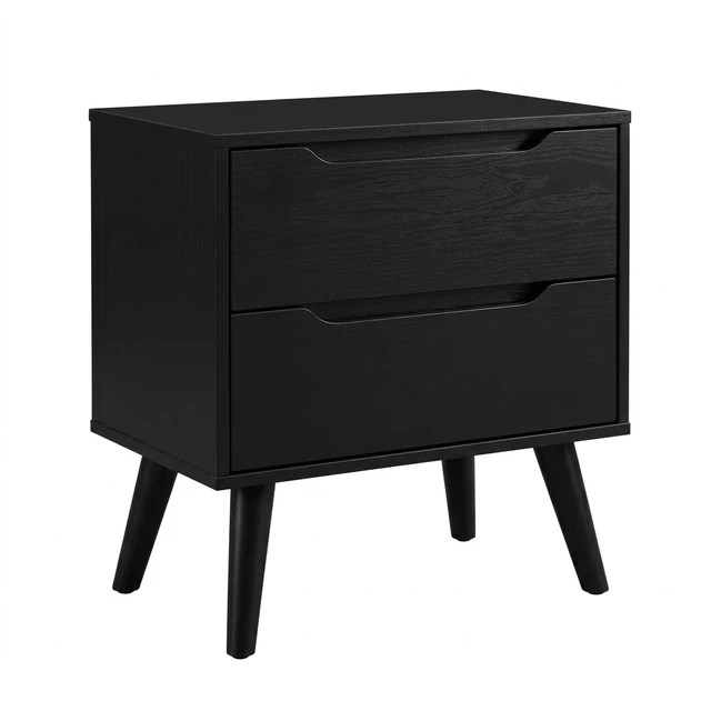 Alt view image 2 of 7 - 1 pc Nightstand Mid-Century Recessed Drawers Handle Bedside Table, Color, Black, Solid Wood and Wood