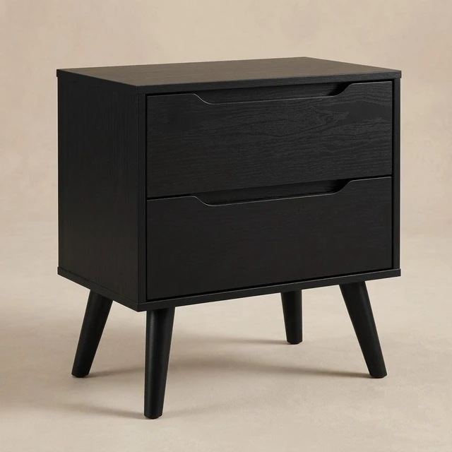 Main image of 1 pc Nightstand Mid-Century Recessed Drawers Handle Bedside Table, Color, Black, Solid Wood and Wood