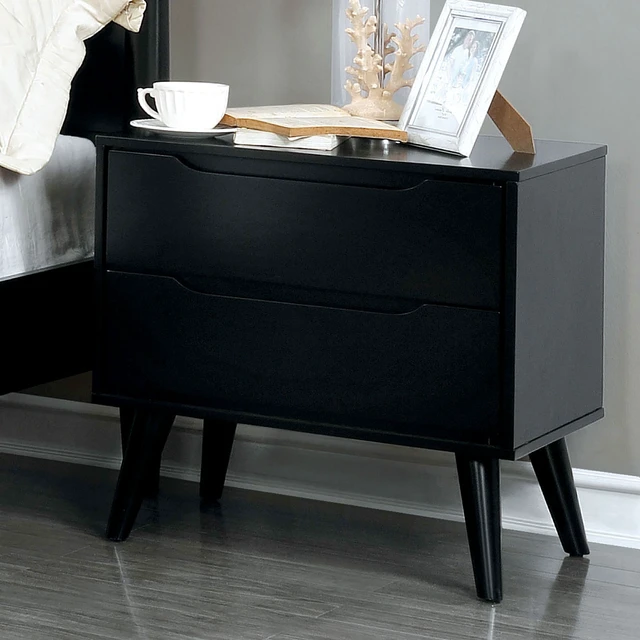 Alt view image 5 of 7 - 1 pc Nightstand Mid-Century Recessed Drawers Handle Bedside Table, Color, Black, Solid Wood and Wood