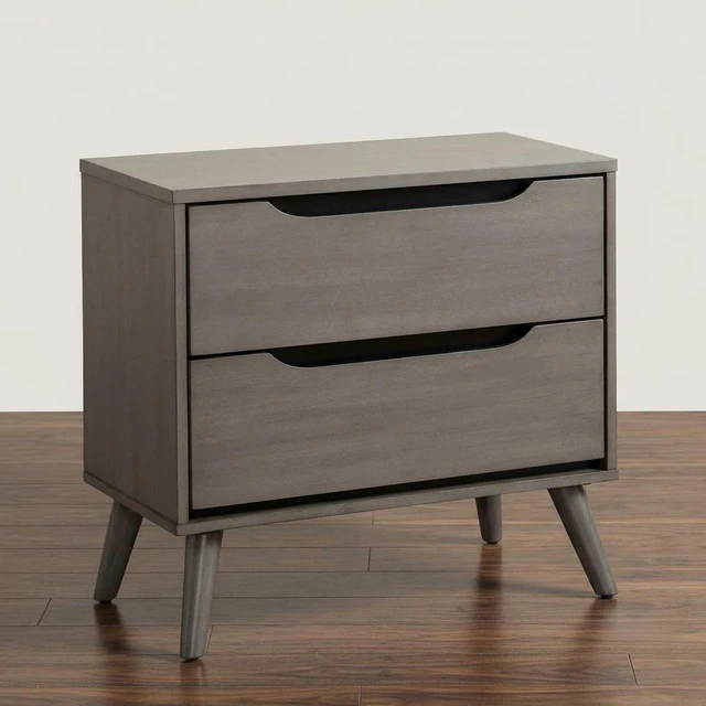 Main image of 1 pc Nightstand Mid-Century Recessed Drawers Handle Bedside Table, Color, Gray, Solid Wood and Wood