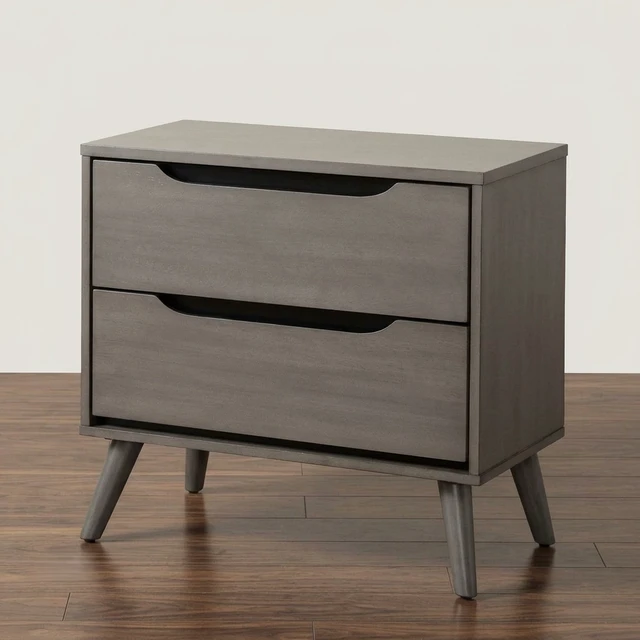 Alt view image 2 of 6 - 1 pc Nightstand Mid-Century Recessed Drawers Handle Bedside Table, Color, Gray, Solid Wood and Wood