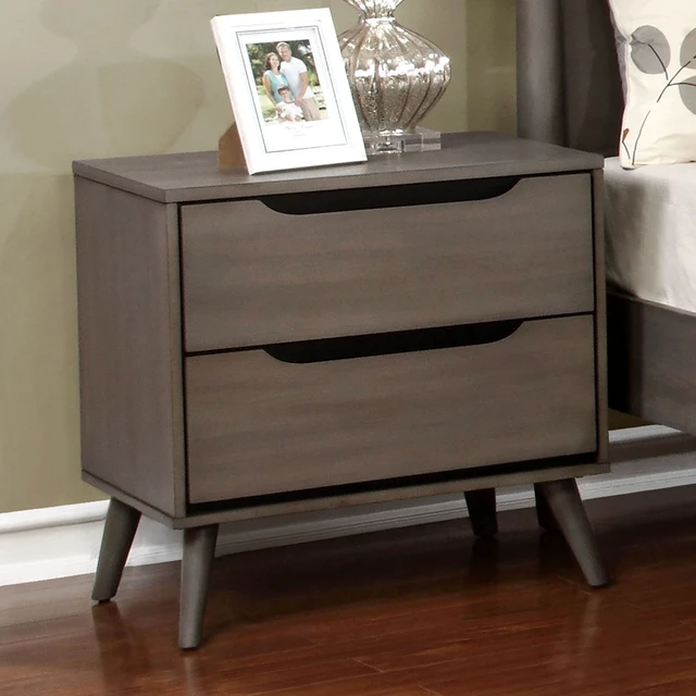 Alt view image 6 of 6 - 1 pc Nightstand Mid-Century Recessed Drawers Handle Bedside Table, Color, Gray, Solid Wood and Wood