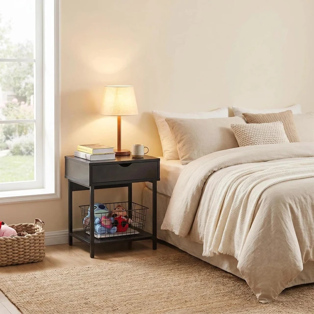 Alt view image 3 of 7 - Side End Table with Drawer and Storage Shelves, Bedside Nightstand for Living and Accent Table Easy Assembly, Black