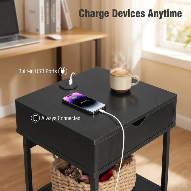 Alt view image 5 of 7 - Side End Table with Drawer and Storage Shelves, Bedside Nightstand for Living and Accent Table Easy Assembly, Black