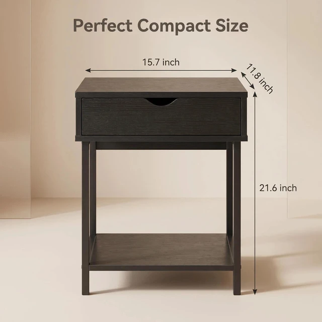 Alt view image 2 of 7 - Side End Table with Drawer and Storage Shelves, Bedside Nightstand for Living and Accent Table Easy Assembly, Black