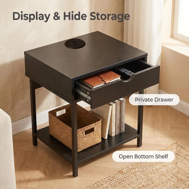 Alt view image 6 of 7 - Side End Table with Drawer and Storage Shelves, Bedside Nightstand for Living and Accent Table Easy Assembly, Black