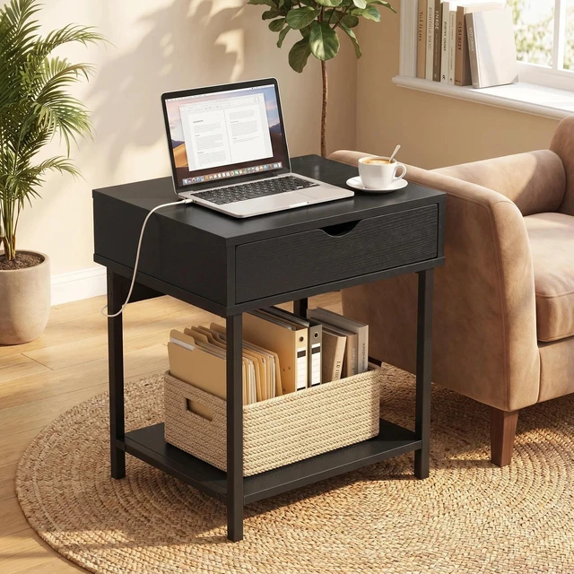 Main image of Side End Table with Drawer and Storage Shelves, Bedside Nightstand for Living and Accent Table Easy Assembly, Black
