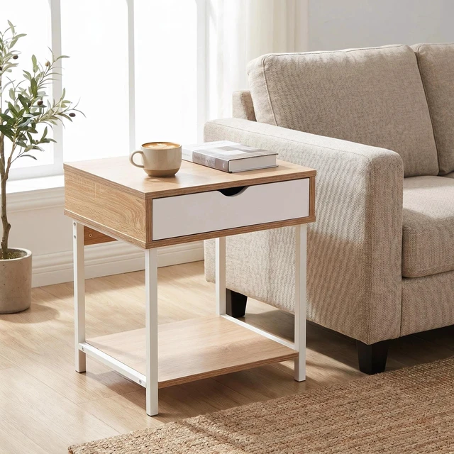 Main image of Side End Table with Drawer and Storage Shelves, Bedside Nightstand for Living and Accent Table Easy Assembly, White