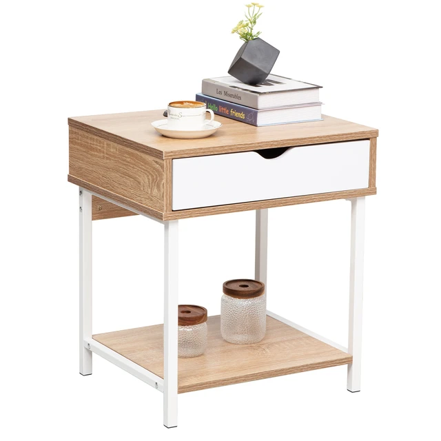 Alt view image 3 of 7 - Side End Table with Drawer and Storage Shelves, Bedside Nightstand for Living and Accent Table Easy Assembly, White