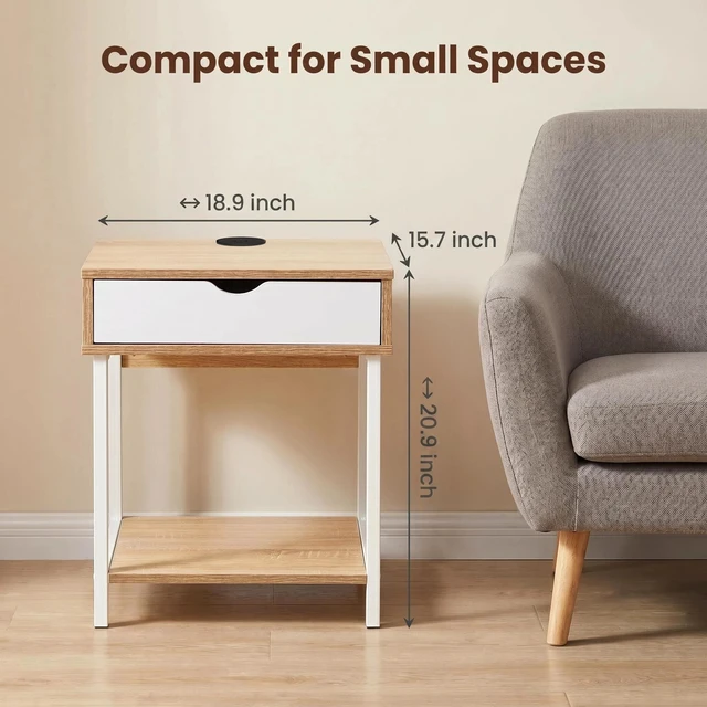 Alt view image 6 of 7 - Side End Table with Drawer and Storage Shelves, Bedside Nightstand for Living and Accent Table Easy Assembly, White