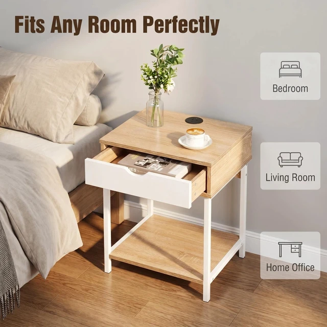 Alt view image 5 of 7 - Side End Table with Drawer and Storage Shelves, Bedside Nightstand for Living and Accent Table Easy Assembly, White