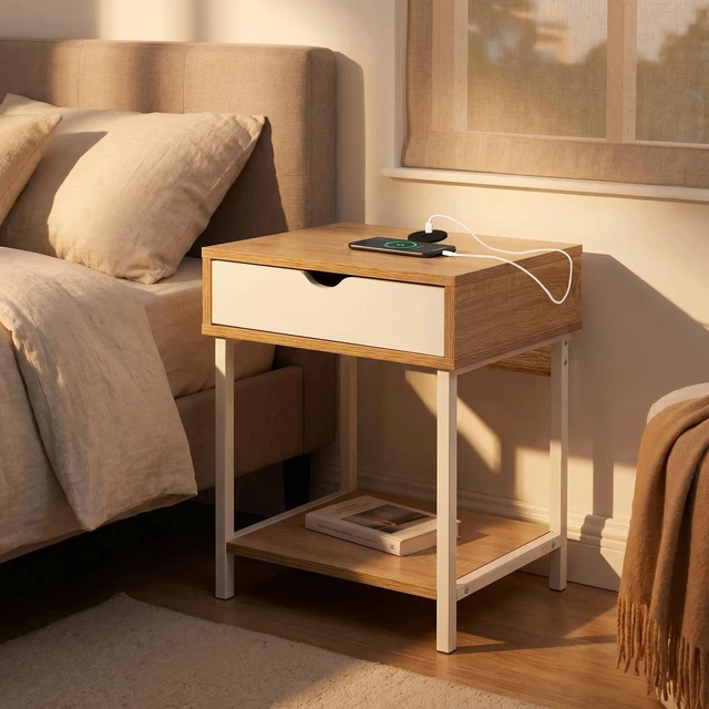 Alt view image 7 of 7 - Side End Table with Drawer and Storage Shelves, Bedside Nightstand for Living and Accent Table Easy Assembly, White