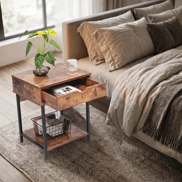 Main image of Side End Table with Drawer and Storage Shelves, Bedside Nightstand for Living and Accent Table Easy Assembly