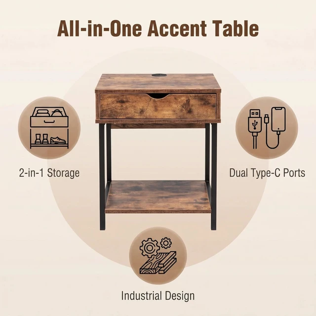 Alt view image 3 of 7 - Side End Table with Drawer and Storage Shelves, Bedside Nightstand for Living and Accent Table Easy Assembly