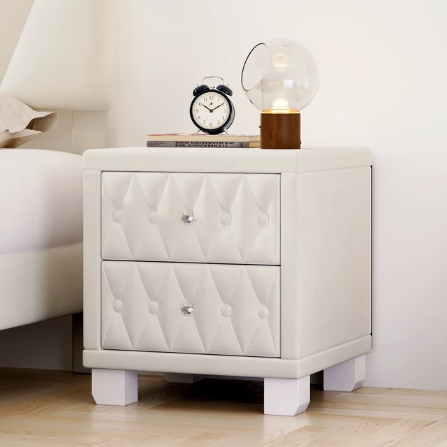 Alt view image 3 of 7 - Velvet Nightstand with 2 Drawers and Crystal Handle, Storage Bedside Table with Button Tufted Old SKU, Beige
