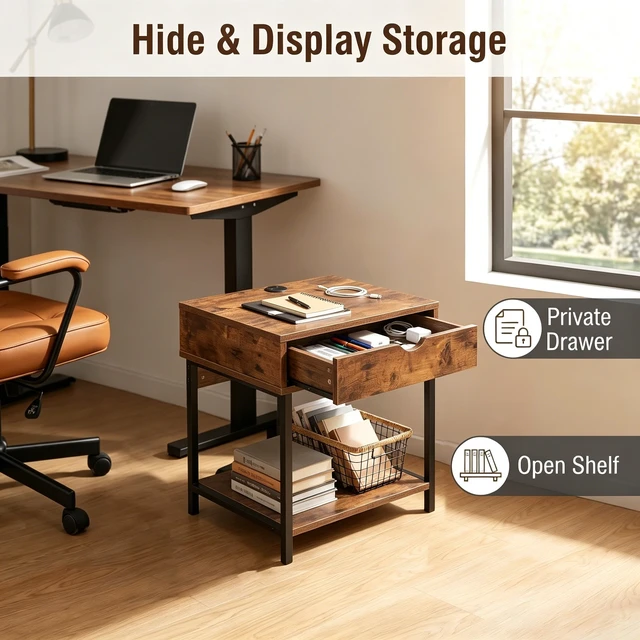 Alt view image 5 of 7 - Side End Table with Drawer and Storage Shelves, Bedside Nightstand for Living and Accent Table Easy Assembly