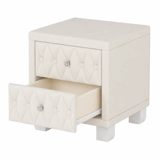 Alt view image 7 of 7 - Velvet Nightstand with 2 Drawers and Crystal Handle, Storage Bedside Table with Button Tufted Old SKU, Beige