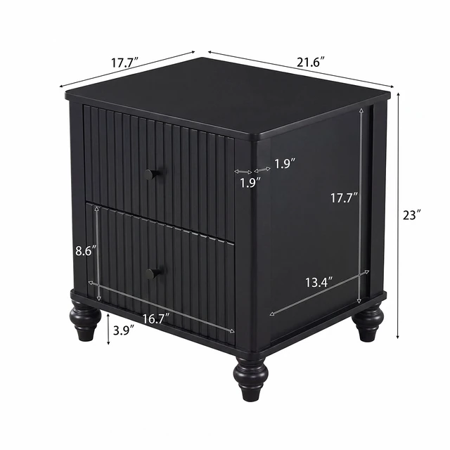 Alt view image 2 of 7 - Fluted Nightstand Set, Pinewood MDF Plywood Bedside Table with 2 Drawers Weight Capacity 120 LBS Night Stand, Black