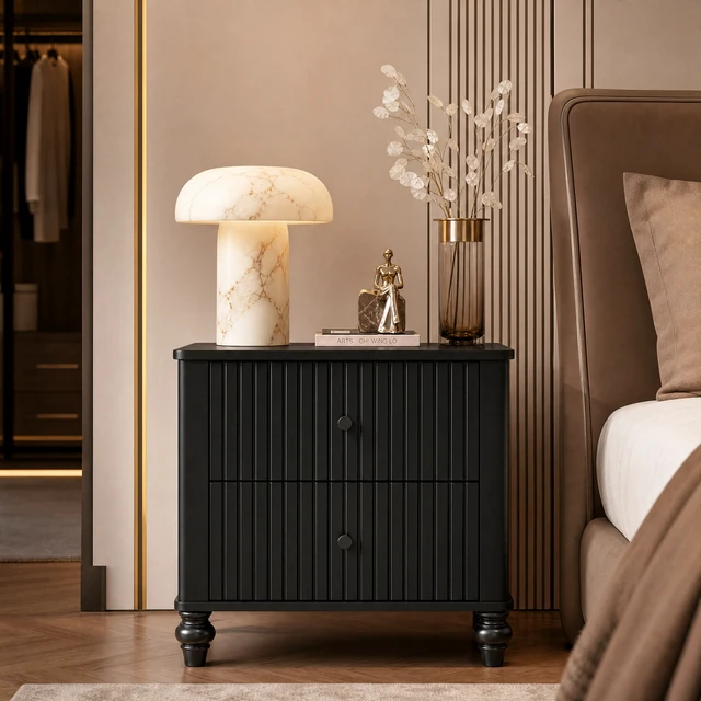 Alt view image 4 of 7 - Fluted 2 Drawer Nightstand, Pinewood MDF Plywood Bedside End Table Turned Leg Night Stand Weight Capacity 120 LBS