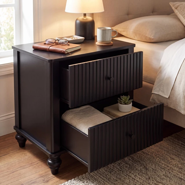 Main image of Fluted 2 Drawer Nightstand, Pinewood MDF Plywood Bedside End Table Turned Leg Night Stand Weight Capacity 120 LBS