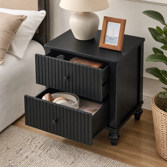 Alt view image 3 of 7 - Fluted 2 Drawer Nightstand, Pinewood MDF Plywood Bedside End Table Turned Leg Night Stand Weight Capacity 120 LBS