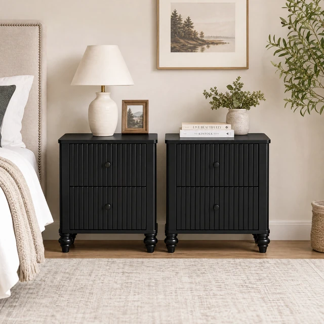 Alt view image 3 of 7 - Fluted Nightstand Set, Pinewood MDF Plywood Bedside Table with 2 Drawers Weight Capacity 120 LBS Night Stand, Black