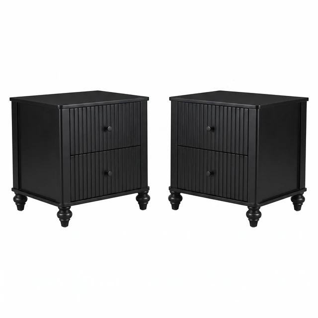 Alt view image 4 of 7 - Fluted Nightstand Set, Pinewood MDF Plywood Bedside Table with 2 Drawers Weight Capacity 120 LBS Night Stand, Black