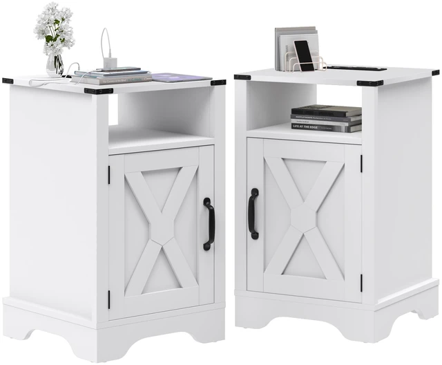 Main image of End Table with Charging Station Set, Night Stand with Storage Cabinet and Shelf Tall Wooden Bedside Table for Living