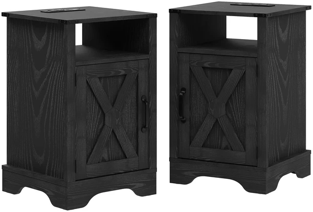 Main image of End Table with Charging Station Set, Night Stand with Storage Cabinet and Shelf Tall Wooden Bedside Table for Living